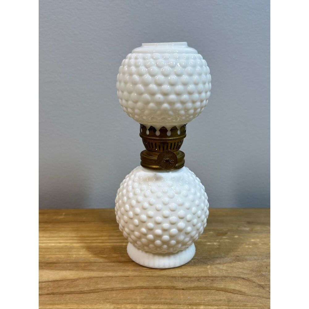 Miniature Milk Glass Hobnail Oil Lamp, 6.5 Inches